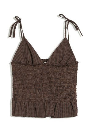 Bershka, CHECKED SMOCKED STRAPPY - TOP - Top - dark brown