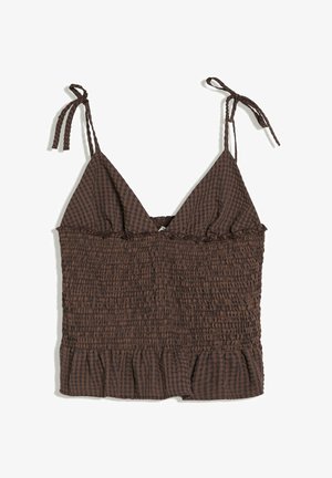 Bershka, CHECKED SMOCKED STRAPPY - TOP - Top - dark brown