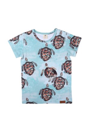 Short-sleeve light blue children's shirt patterned with multiple realistic sea turtles swimming.
