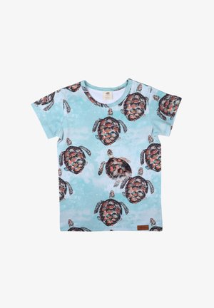 Short-sleeve light blue children's shirt patterned with multiple realistic sea turtles swimming.
