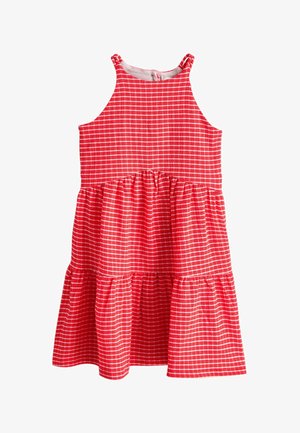 Rotes und weiß kariertes ärmelloses Kleid mit gestuftem Rock und rundem Ausschnitt, aus leichtem Stoff gefertigt.