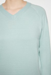 Helles blaues V-Ausschnitt-Sweatshirt aus weichem Strickmaterial. Hat gerippte Details am Ausschnitt und den Bündchen. Schlichtes, figurnahes Design.