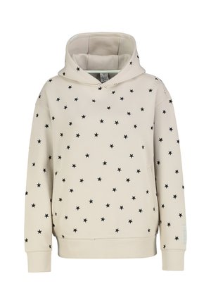 Lichtbeige capuchonsweater met zwarte sterrenpatronen gelijkmatig verspreid over de stof en geribbelde manchetten en zoom.