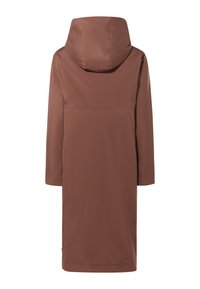 Veste imperméable marron avec capuche, coupe droite, manches longues et texture lisse. Présente un design minimaliste sans embellissements.
