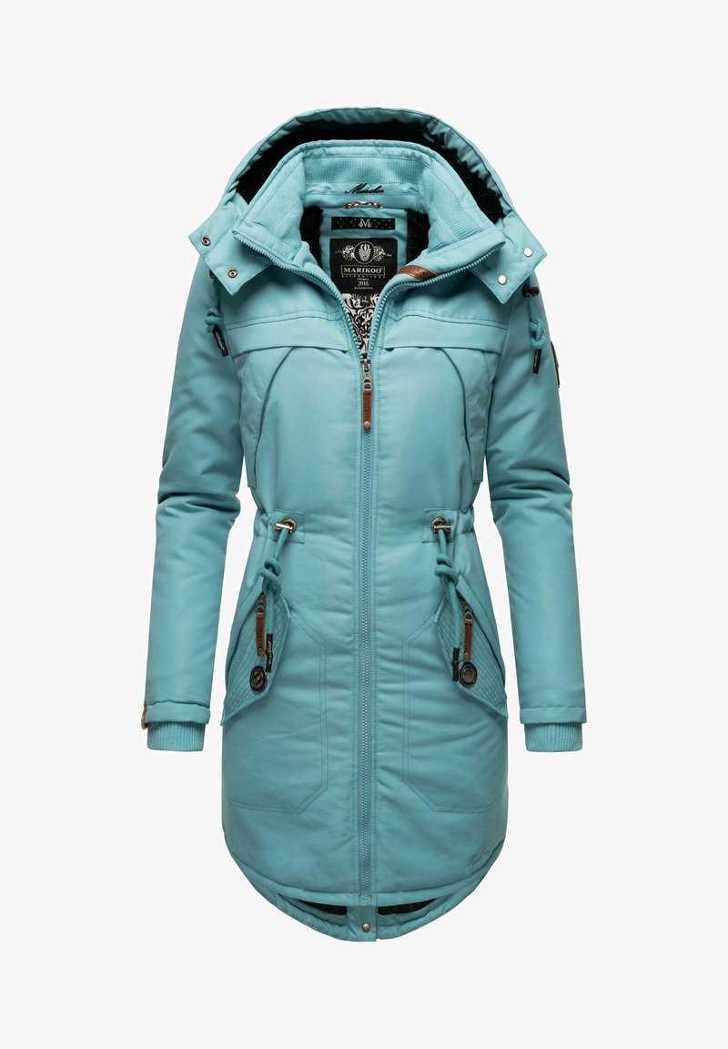 Manteau d'hiver long bleu clair avec fermeture éclair à l'avant, cordons de taille ajustables, col intérieur matelassé et poches à rabat zippées.