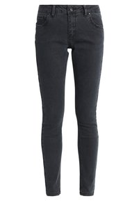 Skinny black denim jeans with a button and zipper closure, five pockets, and subtle stitching details. Smooth texture with slight stretch.