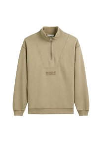 Khaki sweter z wysokim kołnierzem, półzamkiem i wyhaftowanym wzorem w kształcie litery V na klatce piersiowej. Zawiera logo w dopasowanym kolorze.