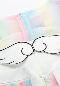 Rainbow tutu dress with a pastel gradient mesh bodice, white fabric detailing, and black embroidered wing accents on the back.