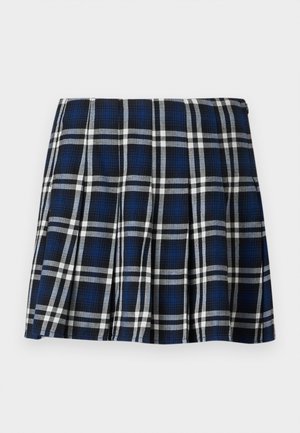 Plaid mini skirt with navy, black, and white colors. Features pleats and a smooth texture. Zipper closure on the side.