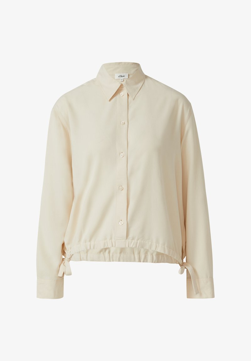 Beige Hemd mit Knöpfen, lange Ärmel, mit gerafftem Saum und seitlichen Bindebändern. Glatter Stoff und klassisches Kragen-Design.