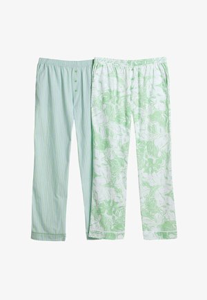 To sæt letvægtige pyjamasbukser, det ene med grønne og hvide striber, det andet med et blomstermønster i forskellige nuancer af grønt.