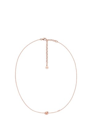 Halskette aus roségoldener Kette mit zartem Design, glatter Oberfläche und kleinem Logo-Anhänger mit verstellbarem Verschluss.