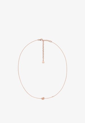 Halskette aus roségoldener Kette mit zartem Design, glatter Oberfläche und kleinem Logo-Anhänger mit verstellbarem Verschluss.