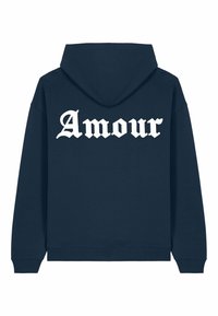 Haut à capuche bleu marine avec un grand imprimé blanc "Amour" au dos. Fabriqué en tissu doux, avec une coupe décontractée et un cordon de serrage sur la capuche.