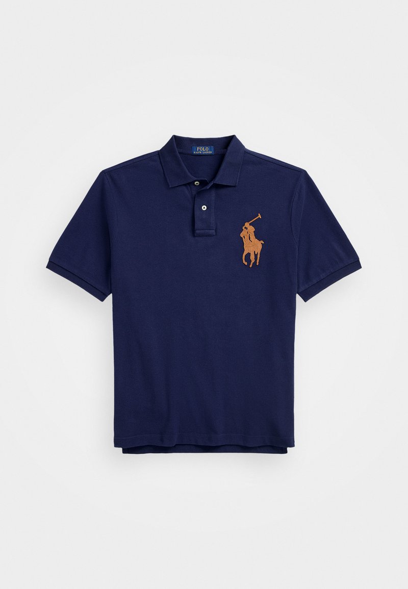 Navy blue polo shirt made of cotton, featuring a three-button placket and an embroidered orange logo of a rider and horse on the left chest.