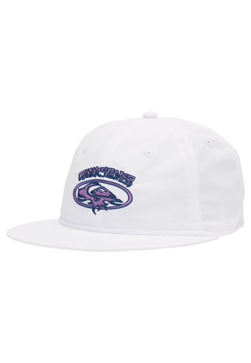 Weißer Snapback-Cap mit einem lila und blauen gestickten Logo auf der Vorderseite, flacher Schirm und glattes Stoffgefühl.