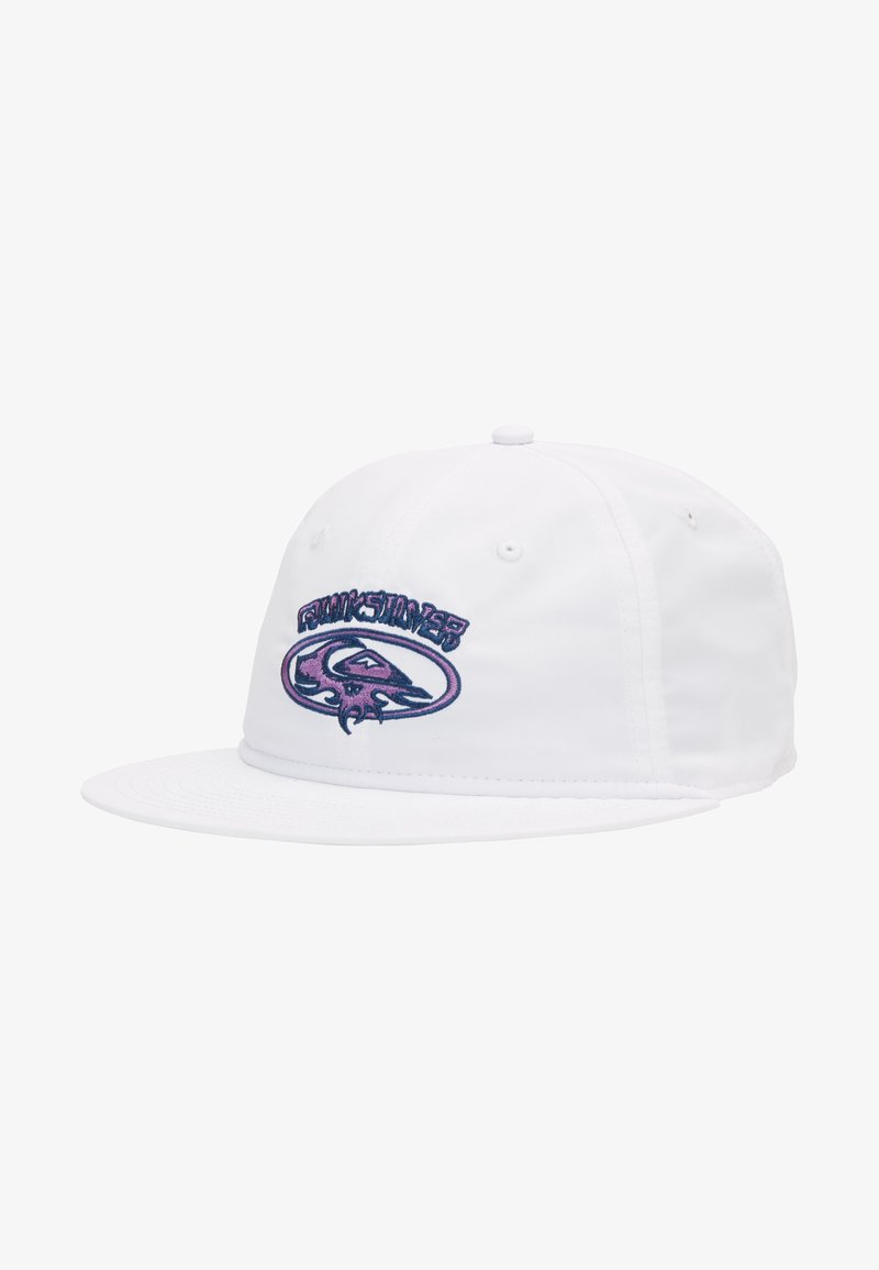 Weißer Snapback-Cap mit einem lila und blauen gestickten Logo auf der Vorderseite, flacher Schirm und glattes Stoffgefühl.