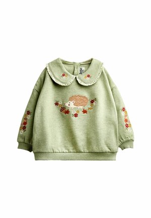 Light green toddler sweater with ruffled collar, embroidered hedgehog, and fall-themed floral designs on front and sleeves.