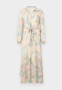 Φλοράλ φόρεμα με μακριά μανίκια σε ανοιχτά παστέλ χρώματα. Διαθέτει γιακά στο ντεκολτέ, κλείσιμο με κουμπιά, ζώνη στη μέση και στρωμένο φόρεμα. Κατασκευασμένο από ελαφρύ ύφασμα.