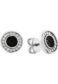  Runde stud øreringe med en central sort sten omgivet af en ring af klare krystaller, sat i sølvfarvet metal.