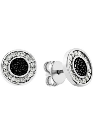 Runde Steckerohrringe mit einem zentralen schwarzen Stein, umgeben von einem Ring aus klaren Kristallen, die in silberfarbenem Metall gefasst sind.