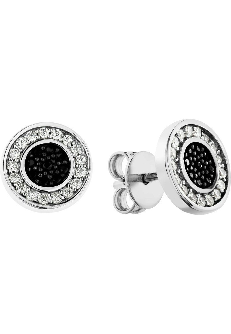  Runde stud øreringe med en central sort sten omgivet af en ring af klare krystaller, sat i sølvfarvet metal.