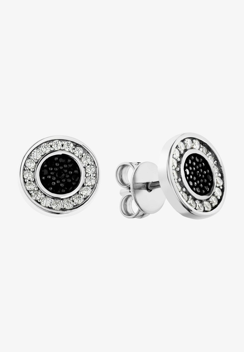 Runde stud øreringe med en central sort sten omgivet af en ring af klare krystaller, sat i sølvfarvet metal.