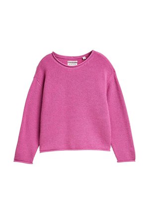 Rózsaszín bordázott kötött pulóver lekerekített nyakkivágással, cropped hosszal és hosszú ujjal. Az anyag textúrája puha és enyhén rugalmas.