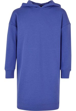 Robe en coton violette avec manches longues, une capuche spacieuse et des poignets côtelés. Design simple sans motifs ni accents supplémentaires.