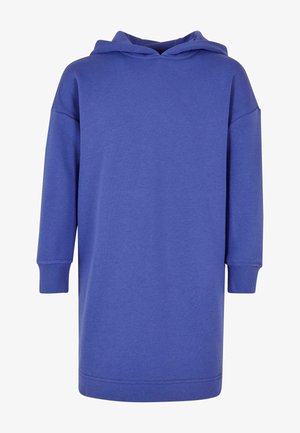 Lila Baumwoll-Hoodiekleid mit langen Ärmeln, einer geräumigen Kapuze und gerippten Bündchen. Schlichtes Design ohne Muster oder zusätzliche Akzente.