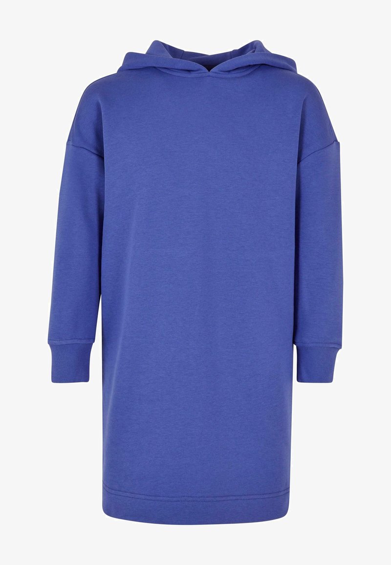 Ljubičasta pamučna haljina s duksericom, dugim rukavima, prostranom kapuljačom i rebrastim manžetama. Jednostavan dizajn bez uzoraka ili dodatnih akcenata.