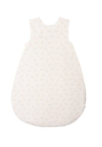 Baumwoll-Schlafsack mit abgerundeter Form, weißem Hintergrund und kleinen, sich wiederholenden pastellfarbenen Regenbogenmustern. Ärmelloses Design für einfaches Anziehen.