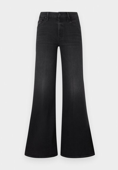 Black wide-leg jeans made from denim, featuring a mid-rise waist, five-pocket design, and subtle surface texture.
