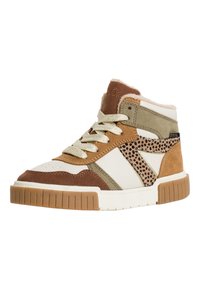 Baskets montantes en suède et cuir mélangeant beige, marron et olive, avec un accent en imprimé léopard et une semelle en caoutchouc texturée.