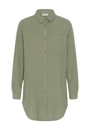 Pikad varrukad, oliivroheline nööbitav särk rinnatasku, krae ja manustatud varrukatega.