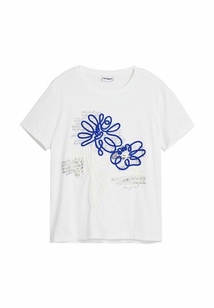 White cotton t-shirt featuring blue embroidered flowers and handwritten style text accents. Short sleeves and relaxed fit design.