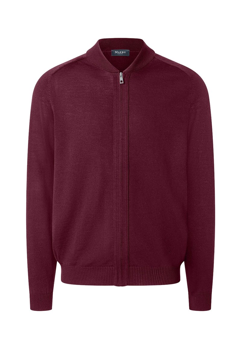Cardigan bordeaux con zip davanti, colletto rotondo e polsini e orlo a coste; realizzato in un tessuto jersey morbido.