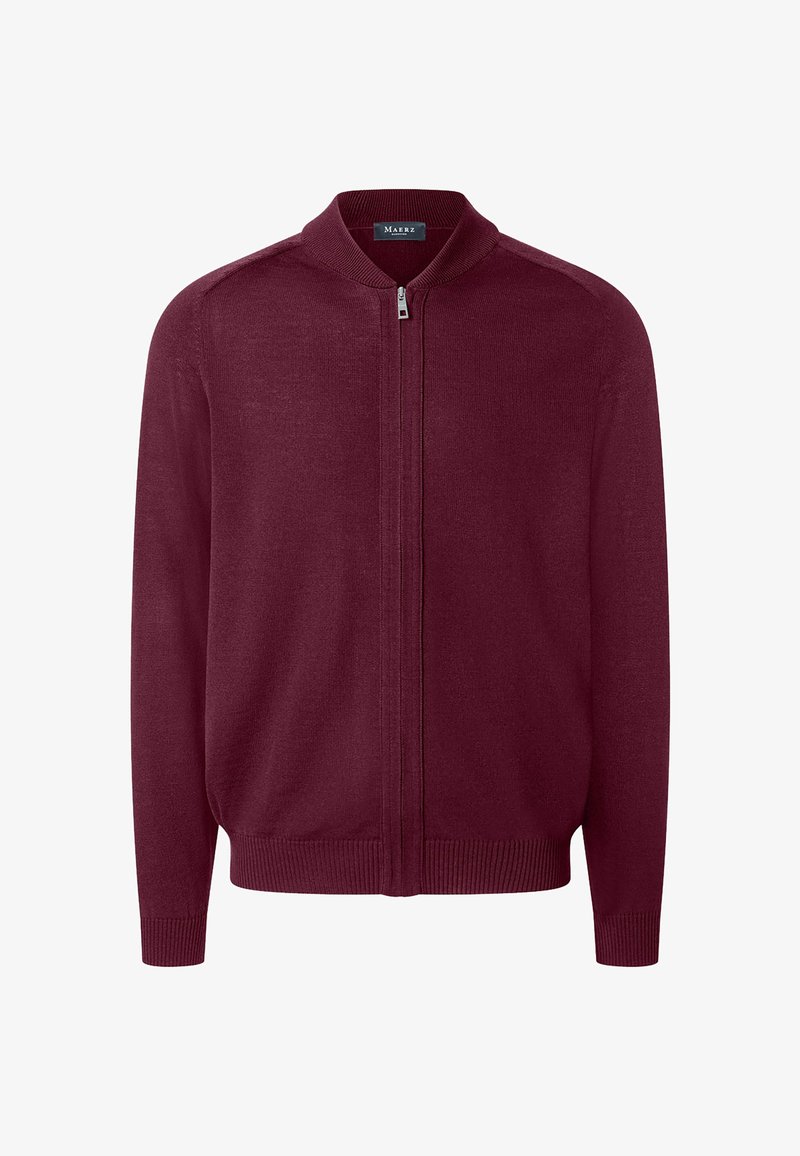 Cardigan bordeaux con zip davanti, colletto rotondo e polsini e orlo a coste; realizzato in un tessuto jersey morbido.