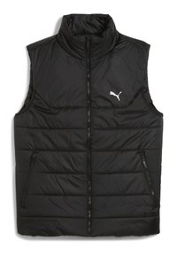 Sort puffer vest med høj krave, lynlås foran og to lynlåsede sidelommer; har vandret quilting og små hvide logo accent.