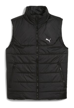 Black puffer vest with high collar, zip front, and two zippered side pockets; features horizontal quilting and small white logo accent.