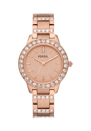 Roségoldene Fossil-Armbanduhr mit Kristallakzenten auf Lünette und Band, mit minimalistischem Zifferblatt mit Strich-Stundenmarkierungen und drei Zeigern.