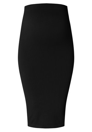 Jupe midi noire côtelée avec une silhouette ajustée, dotée d'une taille haute et d'une texture lisse. Pas de motifs ou de détails métalliques visibles.
