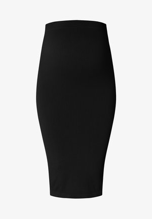 Jupe midi noire côtelée avec une silhouette ajustée, dotée d'une taille haute et d'une texture lisse. Pas de motifs ou de détails métalliques visibles.