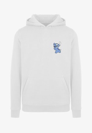 White cotton hoodie featuring a blue cartoon character on the left chest area. It has a front pocket and ribbed cuffs and hem.