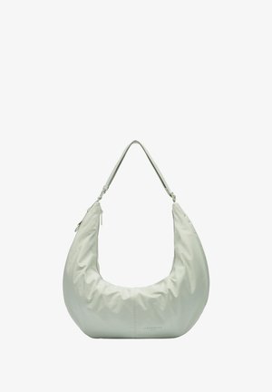 Sac hobo vert clair en matériau doux. Présente un design incurvé, une seule bandoulière et un logo de marque discret à l'avant.