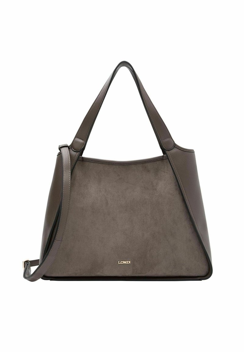 Sac à main en cuir et suède gris avec double poignée et bandoulière réglable, avec un petit logo doré "L.CREDI" sur le devant.