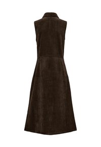 Črna brezrokavnik corduroy obleka temno rjave barve z oprijetim pasom, ovratnikom in razširjenim krilom, prikazana s hrbtne strani na beli podlagi.