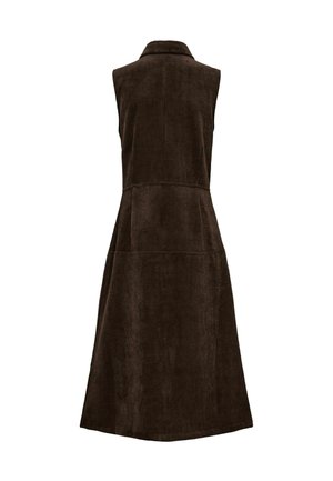 Ärmelloses dunkelbraunes Cordkleid mit tailliertem Schnitt, Kragen und ausgestelltem Rock, von hinten auf weißem Hintergrund gezeigt.