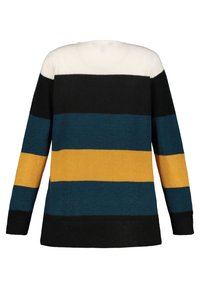 Pull tricoté à manches longues avec des rayures horizontales en bleu sarcelle, noir, jaune et blanc. Texture douce, coupe ample et ourlet côtelé.