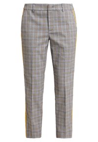 Szare spodnie w kratkę o dopasowanym kroju, z żółtymi paskami po bokach i gładką fakturą. Zaprojektowane z klasycznym pasem i przednimi kieszeniami.